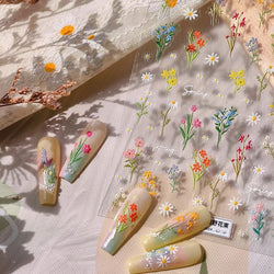 Field Bouquet Canola Flowers Daisy Tulip Garden Lavender Spring Embossed Reliefs Self Adhesive Nail Art Stickers Manicure Decals (ONLINE ORDER ONLY)