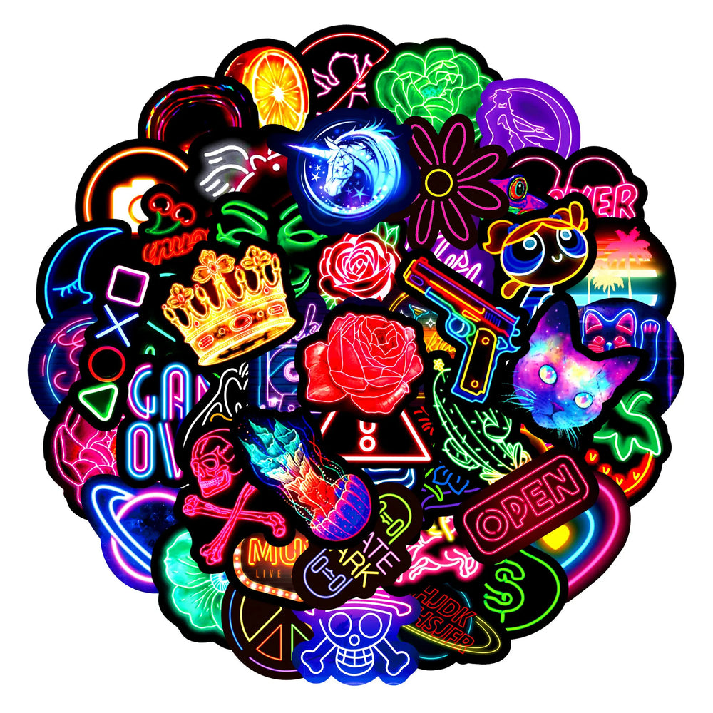10/30/50PCS Neon Light Sticker Graffiti Sticker Scrapbook Notebook Car Guitar Wall Sticker Motorcycle Cute Cartoon Decoration (ONLINE ORDER ONLY)