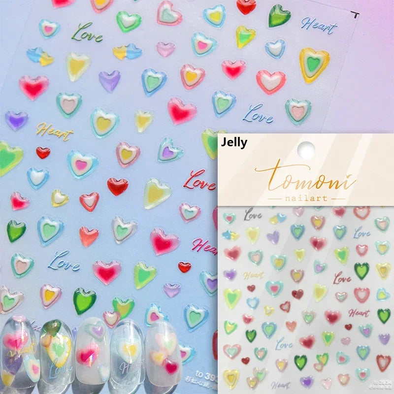 Flat Small Pink Brown Halo Dyeing Love Heart Geometric Leopard Shiny Jelly Chic Embossed Relief Nail Art Stickers Manicure Decal (Online Order Only)