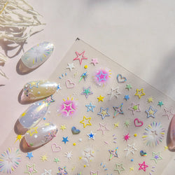 Colorful Starry Light Starburst Love Heart Halo Dyeing Soft Reliefs Self Adhesive Nail Art Decoration Stickers Manicure Decals (ONLINE ORDER ONLY)