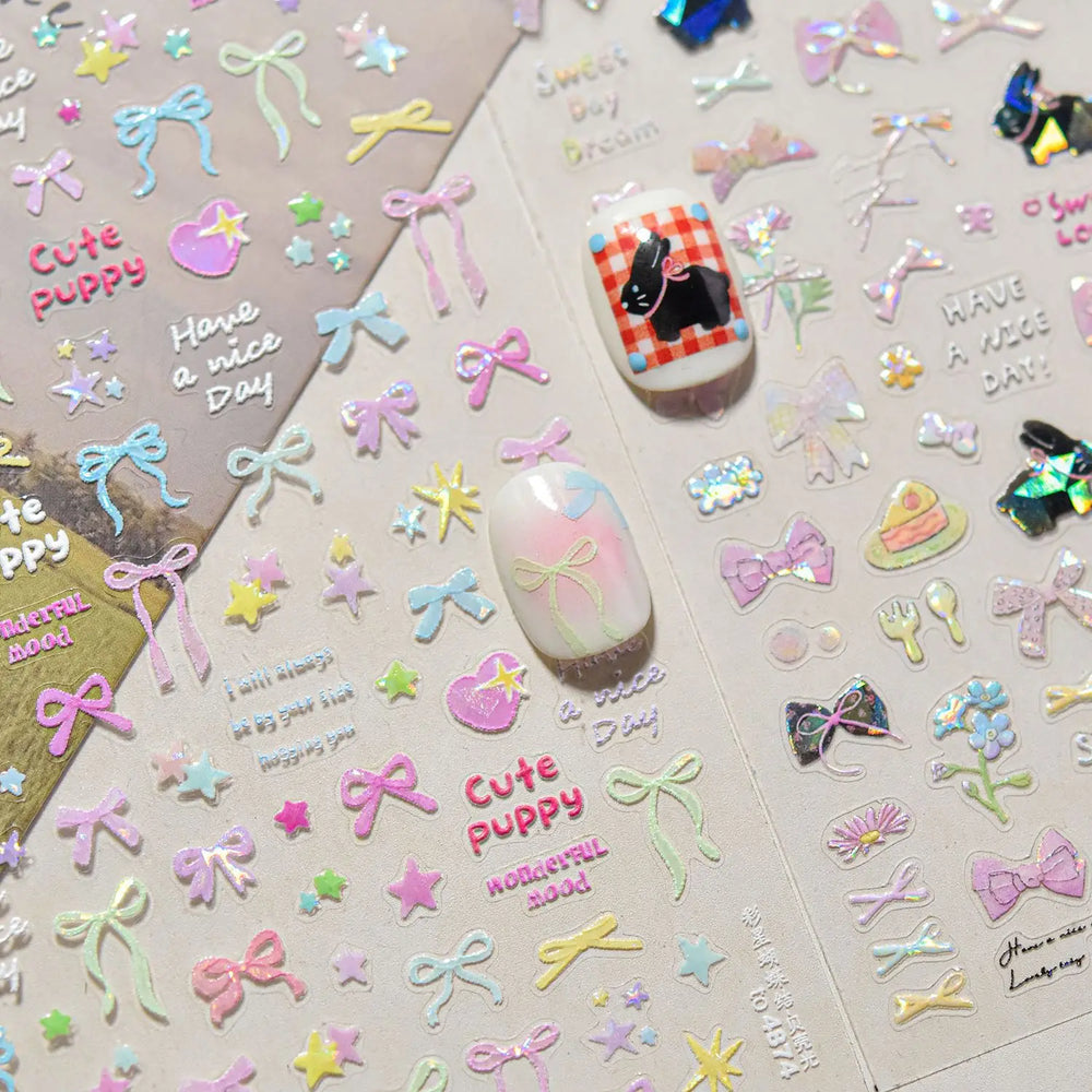 Shiny Black Rabbit Bowknot Flower Cake Fork Spoon 5D Soft Embossed 3D Flat Self Adhesive Nail Art Stickers Lovely Manicure Decal (ONLINE ORDER ONLY)