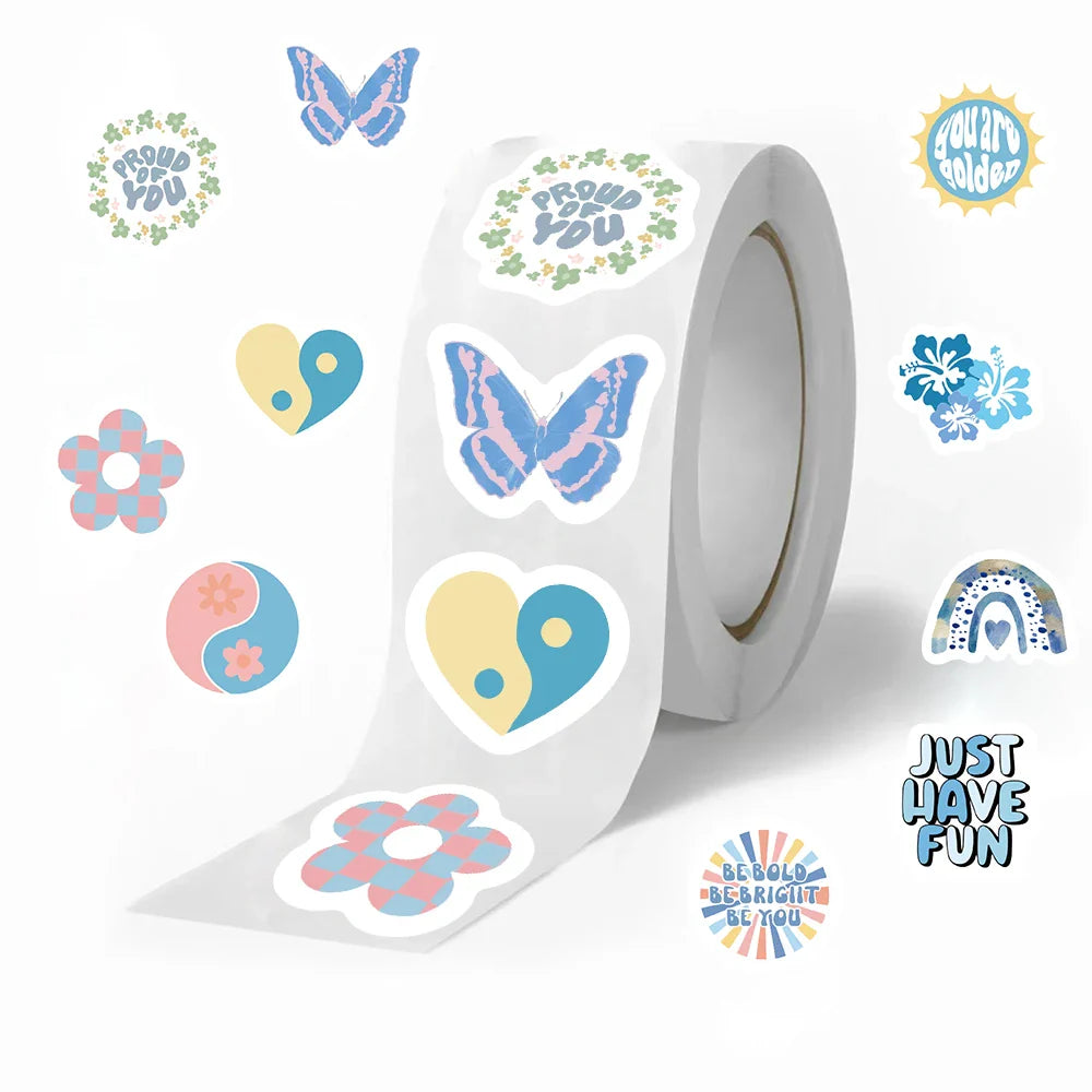 500PCS Blue Love Flowers Stickers for New Cartoon Animals Roll Sticker Packaging Flower Rolling Label Reward Decals (ONLINE ORDER ONLY)