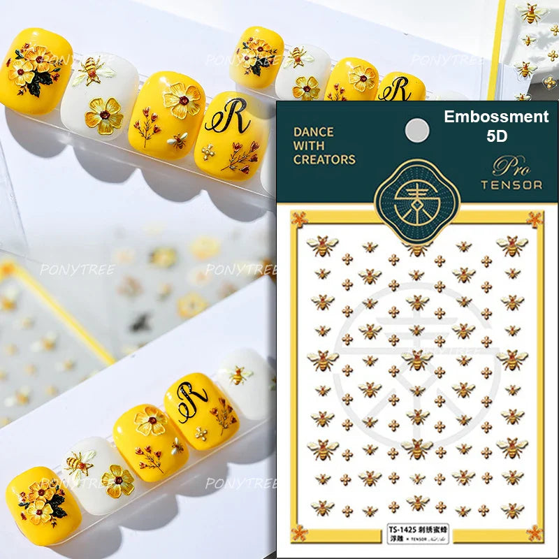 Vivid Honey Bee Ribbon Bowknot Pot Daisy Wreath Flower Shining Tulip Honeycomb Jar Self Adhesive Nail Art Sticker Manicure Decal (ONLINE ORDER ONLY)
