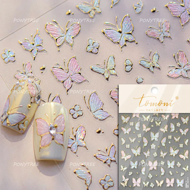 Shiny Butterfly White Pink Purple Romantic Animals Retro Photo Frame Chic Delicate Adhesive Nail Art Stickers 5D Manicure Decals (ONLINE ORDER ONLY)
