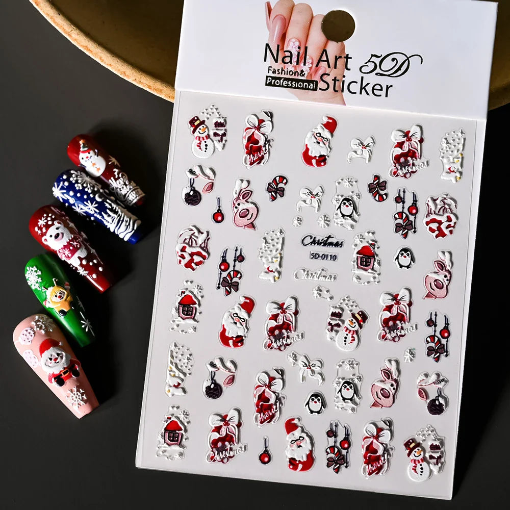 Cute Deer Christmas Nail Stickers 5D Embossed Elk Star Gingerbread Man Snowflake Santa Claus Holly DIY Winter Engraved Manicure* (ONLINE ORDER ONLY)