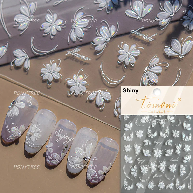 White Pink Flower Dreamy Romantic Petal Jelly Shiny Peach Blossom Polarized Light Delicate Nail Art Stickers 5D Manicure Decals (ONLINE ORDER ONLY)