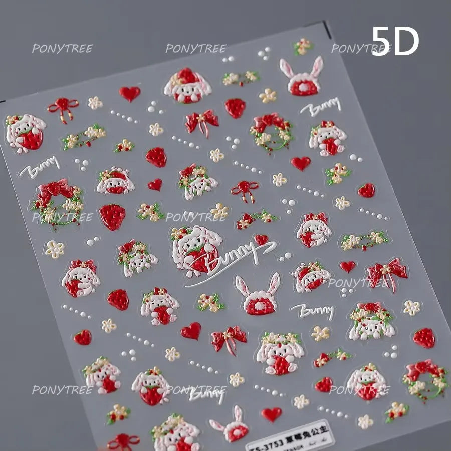 Cute Pink Tempting Strawberries Attractive Fruit Cutting Line Bowknot Star Silver Stamping Chic Nail Art Stickers Manicure Decal (ONLINE ORDER ONLY)