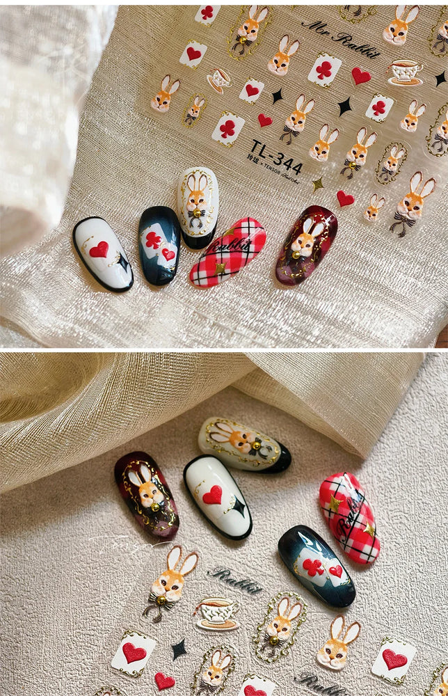Poker Cards Mr Rabbit Tilted Teacup Bunny Cup Heart Star Block Bow Tie Hot Stamping Adhesive Nail Art Stickers Manicure Decals (ONLINE ORDER ONLY)