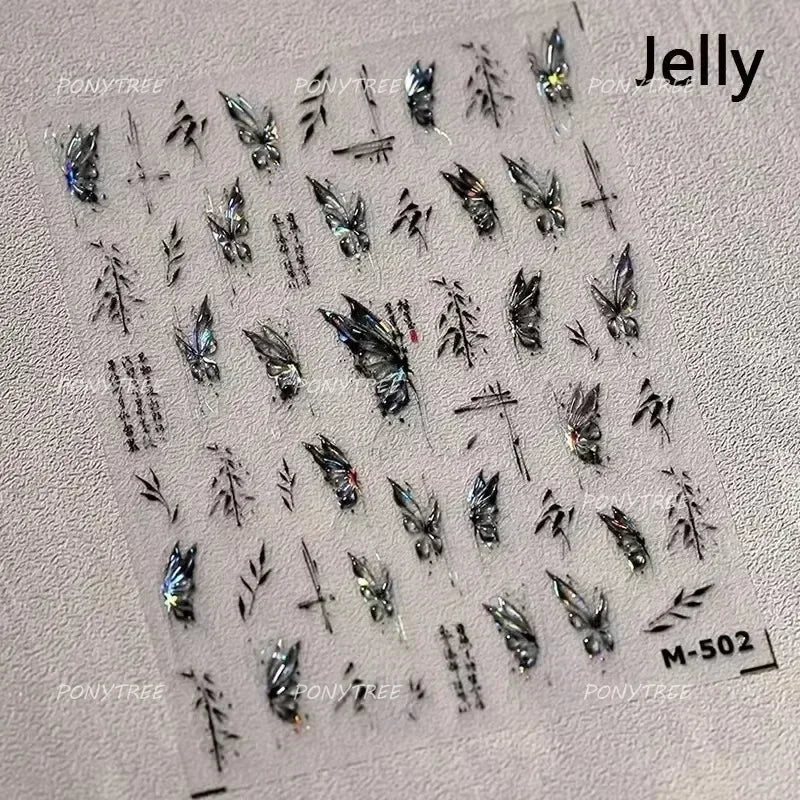 Charming Delicate Sapphire Color Blue Black Stroke Butterfly Jelly Relief Rhinestone Adhesive Nail Art Stickers Manicure Decals (Online Order Only)