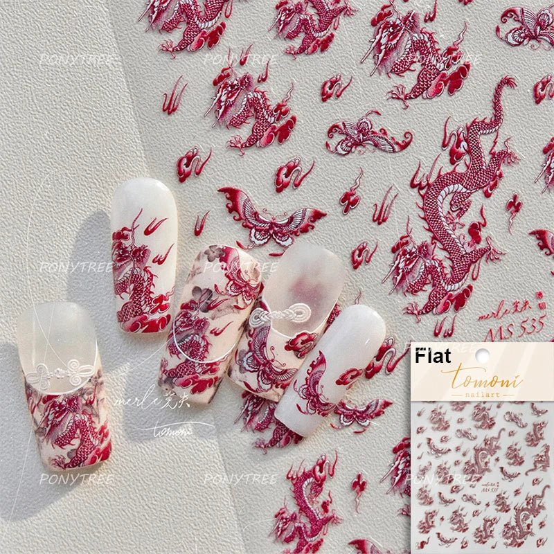 Chinese Dragon Auspicious Beast Mythological Legend Noble Loong Blue Pink Soft Relief Adhesive Nail Art Sticker Manicure Decals (ONLINE ORDER ONLY)