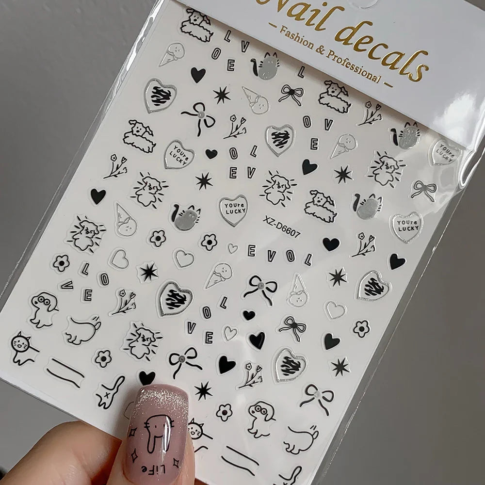 1Pc 3D Cute Black Silver Smile Dog Decals Y2K Cartoon Cat Footprint Nail Stickers Graffiti Star Heart DIY Manicure Slider Decor* (ONLINE ORDER ONLY)