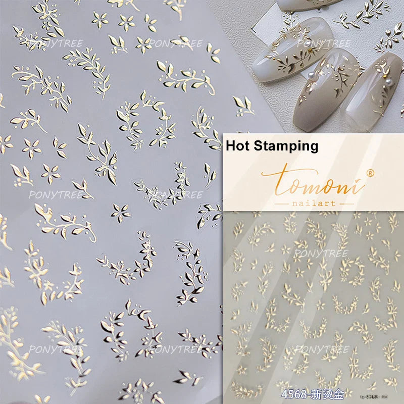 Gold Hot Stamping Flowers Leaves 3D 5D Pearl Bead Delicate Self Adhesive Nail Art Decorations Stickers Manicure Decals Wholesale (Online Order Only)