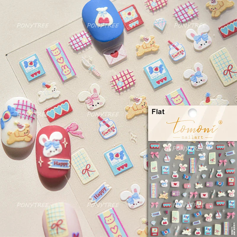 Cute Animals Bear Dog Cake Sweet Cherry Grid Bowknot Star Line Fruit Relief Self Adhesive Nail Art Stickers 3D Manicure Decals (ONLINE ORDER ONLY)