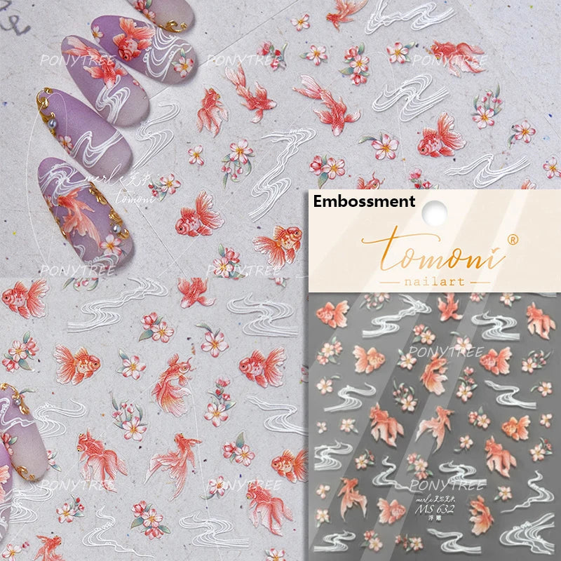 Lotus Leaf Brocaded Carp Koi Playing Goldfish Cavort Ripple Droplet Water Bubbles Self Adhesive Nail Art Stickers Manicure Decal (Online Order Only)