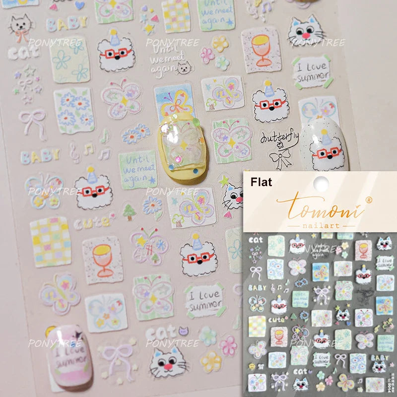 Small Animals Meeting Dog Cat Kitten Bowknot Cherry Butterfly Wreath Paw Star Hat Self Adhesive Nail Art Stickers Manicure Decal (ONLINE ORDER ONLY)