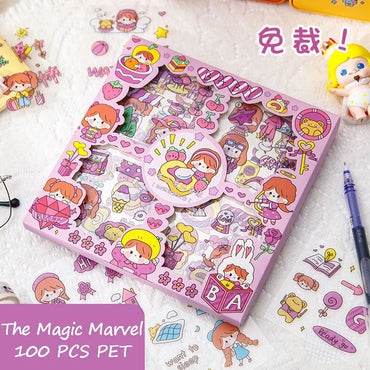 100Pcs Kawaii Stickers Cute Cartoon Handbook Stickers 8 * 8cm PET Waterproof Box Sticker Decorative Scrapbook DIY Stationery (Online Order Only)