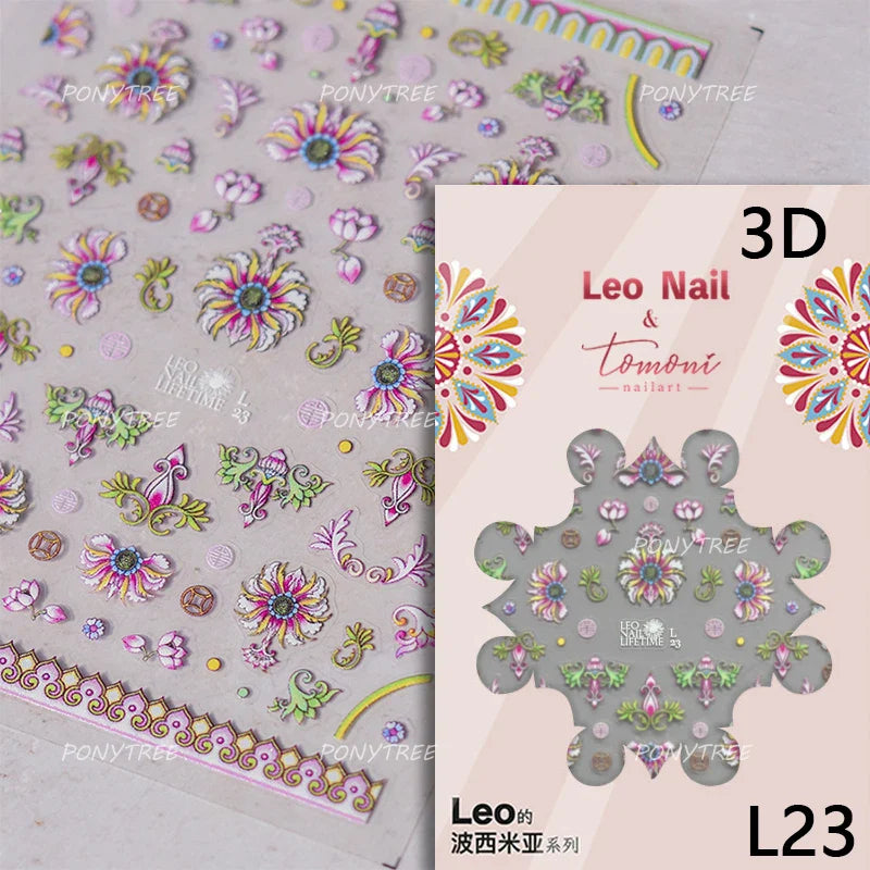 Pink Blue Yellow Embroidery Totems Geometric Floral Pattern Flower 5D Embossed Nail Art Stickers Bohemian Style Manicure Decals (ONLINE ORDER ONLY)