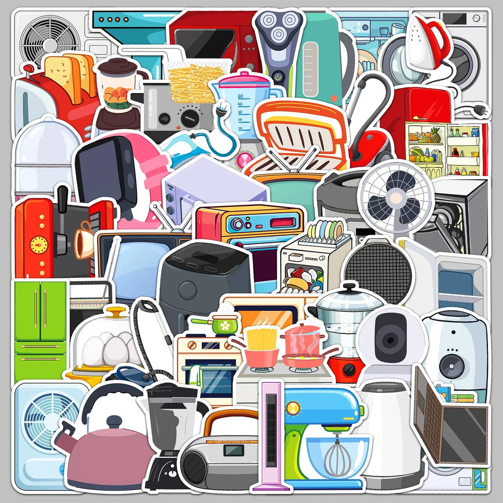 50pcs Cartoon Household Appliances Stickers for Helmet, Wall, DIY Decoration (ONLINE ORDER ONLY)