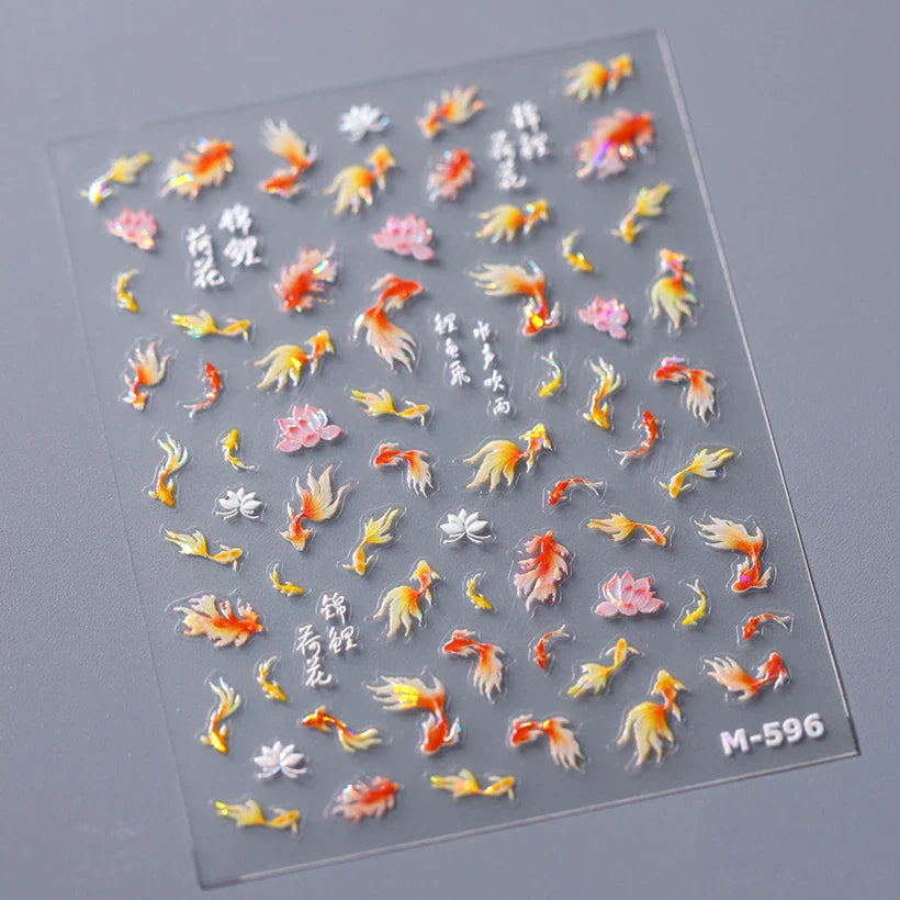Pink Lotus Flower Red Gold Koi Carp Fish Tail Fancy Carp Self Adhesive Nail Art Decorations Stickers Manicure Decals Wholesale (ONLINE ORDER ONLY)