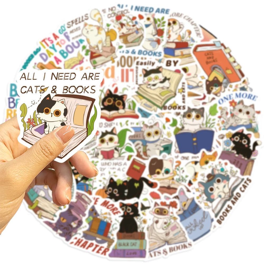 60Pcs Cat and Book with Motivational Phrase Sticker Pack DIY Scrapbook Decorative Stickers For Water Bottle Car Cup Computer (Online Order Only)