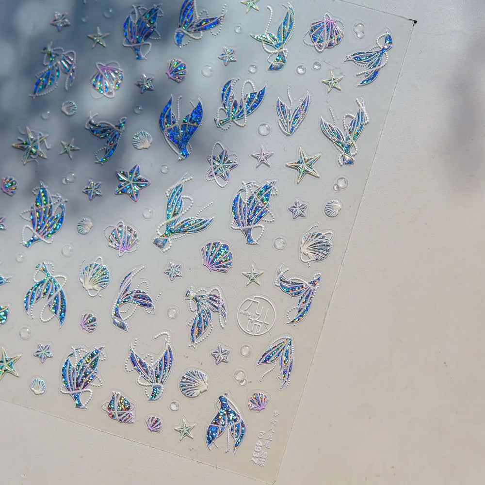 Romantic Mermaid Tail Water Bubbles Seahorse Shell Starfish Coral Pearl Pendant Self Adhesive Nail Art Stickers Manicure Decals (Online Order Only)