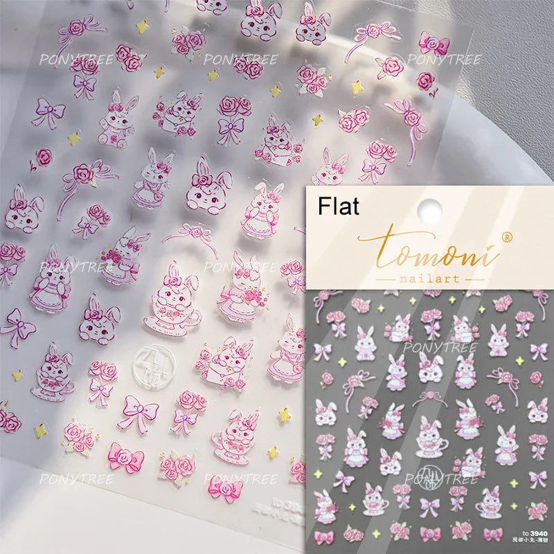 Peach Blossom Flower Yellow Rabbit Bunny Love Heart Delicate Totem 5D Self Adhesive Nail Art Stickers Rhinestone Manicure Decals (ONLINE ORDER ONLY)