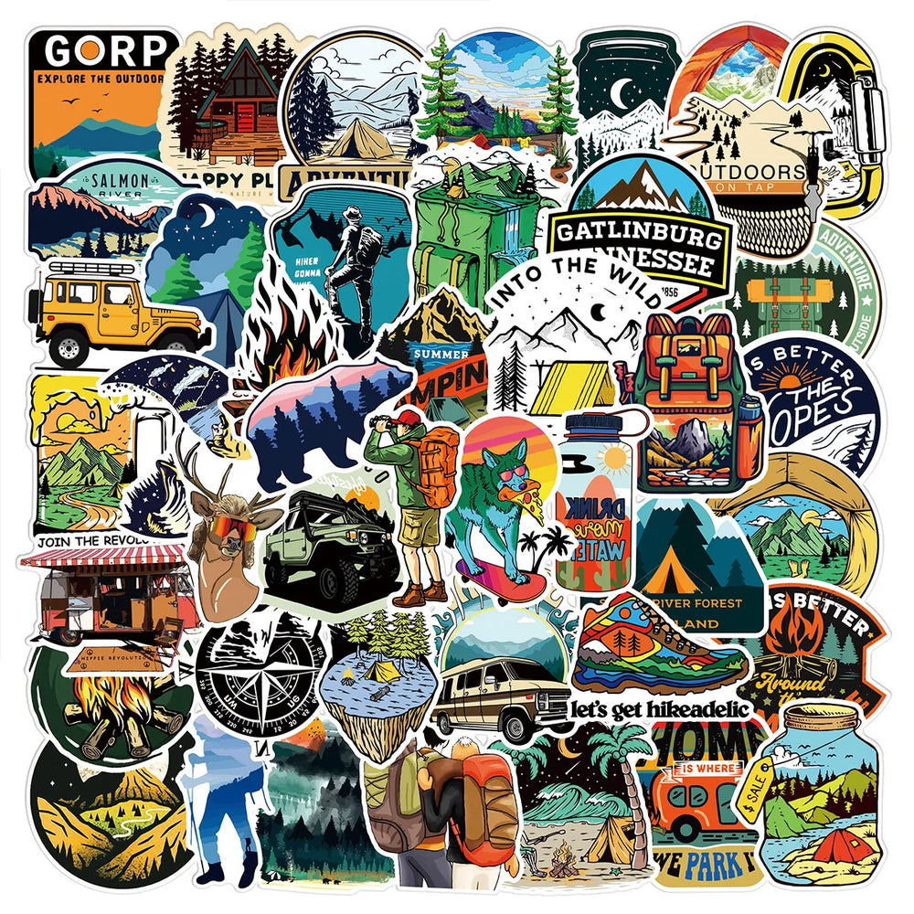 50pcs Forest Camping Hiking Outdoor Stickers Travel Scenery Decals Suitcase Luggage Scrapbook Waterproof Graffiti Sticker Toys (ONLINE ORDER ONLY)