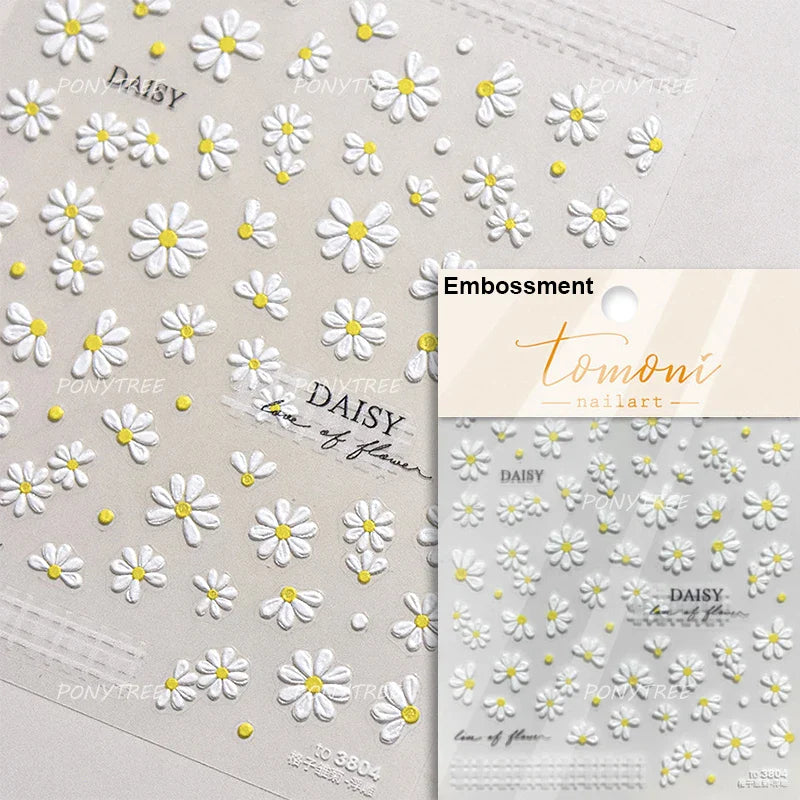 Rural Style White Daisy Flower Butterfly Small Wildflowers 5D Soft Embossed Relief Adhesive Nail Art Stickers 3D Manicure Decals (ONLINE ORDER ONLY)