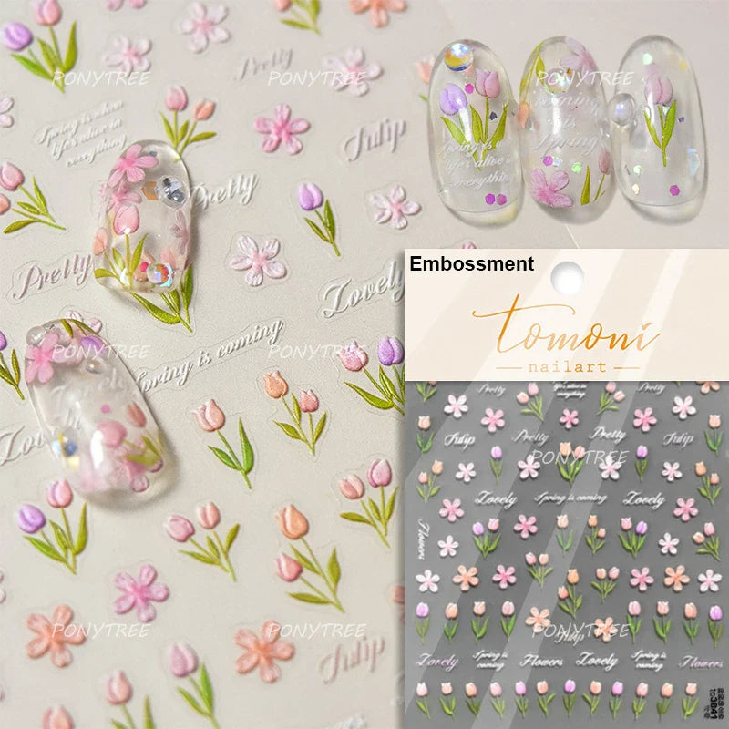 Retro Border Colourful Pink Purple Tulip Flower Bouquet Garden Fragrant 5D Soft Relief Adhesive Nail Art Sticker Manicure Decals (ONLINE ORDER ONLY)