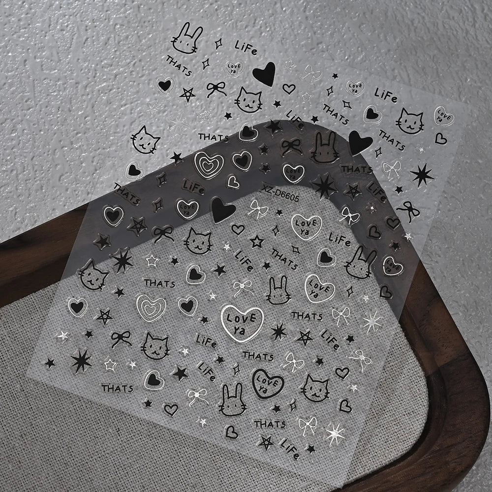 1Pc 3D Cute Black Silver Smile Dog Decals Y2K Cartoon Cat Footprint Nail Stickers Graffiti Star Heart DIY Manicure Slider Decor* (ONLINE ORDER ONLY)