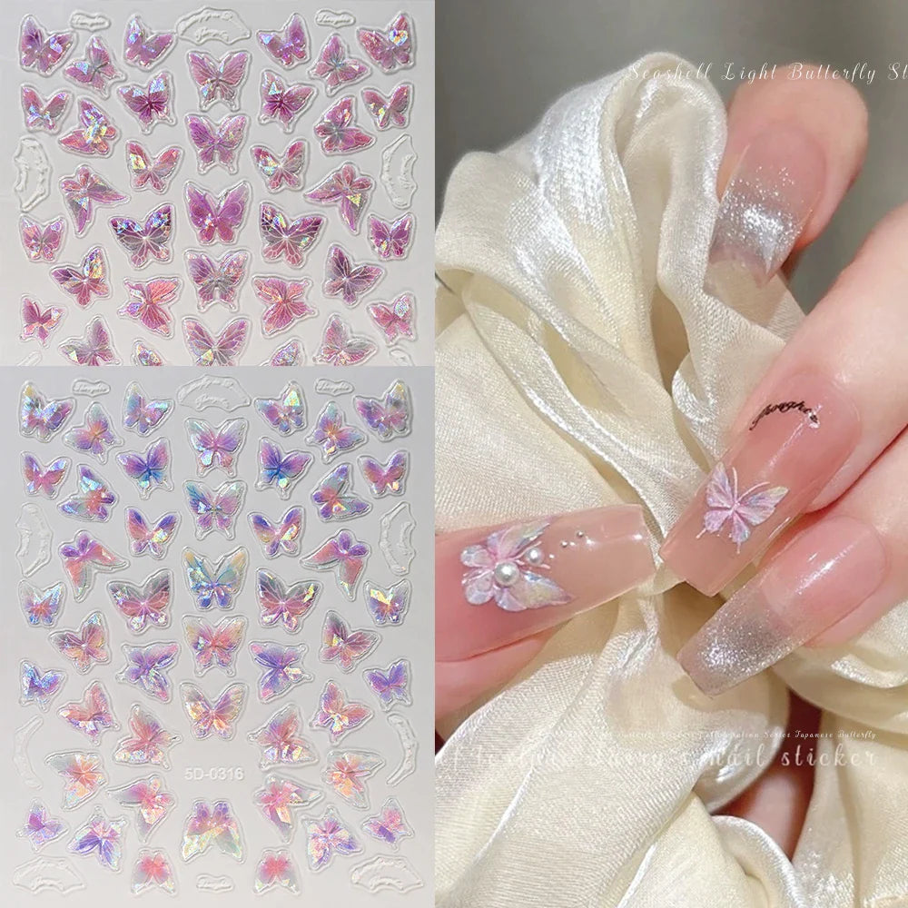 1pc Aurora Butterfly Nail Stickers Pink Butterfly Shell Light Beam Angel Wings Sliders Fairy Light & Lively Translucent Nail Dec (ONLINE ORDER ONLY)