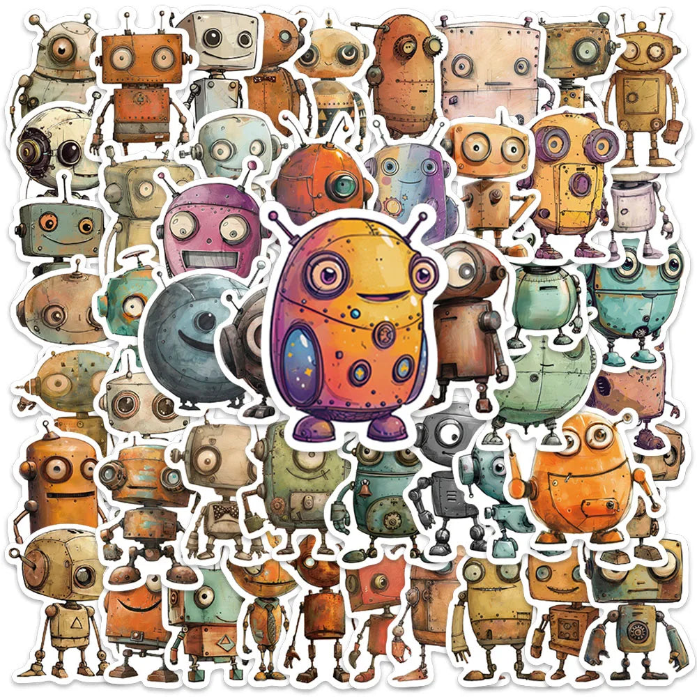 50pcs Vintage Cartoon Whimsical Robot Stickers Laptop Decals Luggage Guitar Diary Phone Waterproof Graffiti Vinyl Car Stickers (Online Order Only)