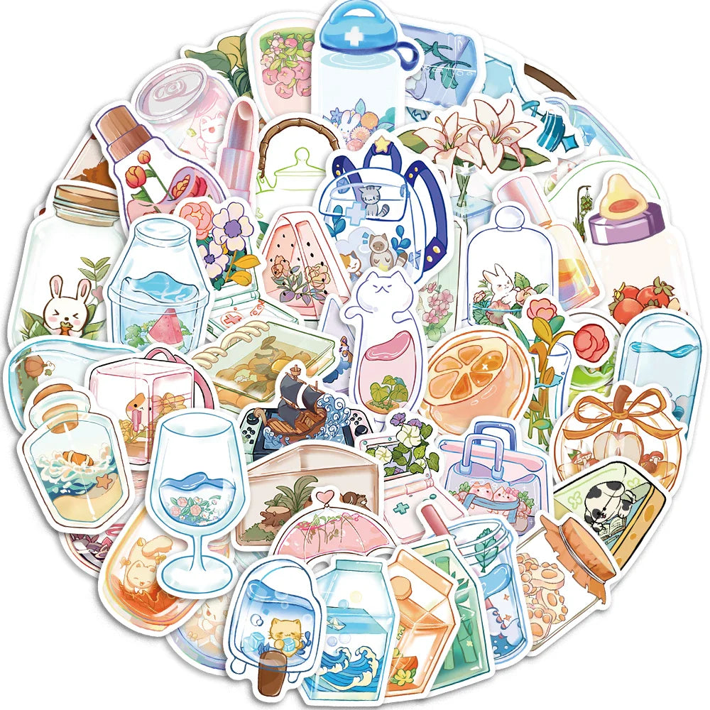 50Pcs Cute Cartoon Animals Plants Glass Stickers DIY Phone Guitar Laptop Notebook Suitcase Cup Waterproof Sticker Kids Toy﻿ (ONLINE ORDER ONLY)