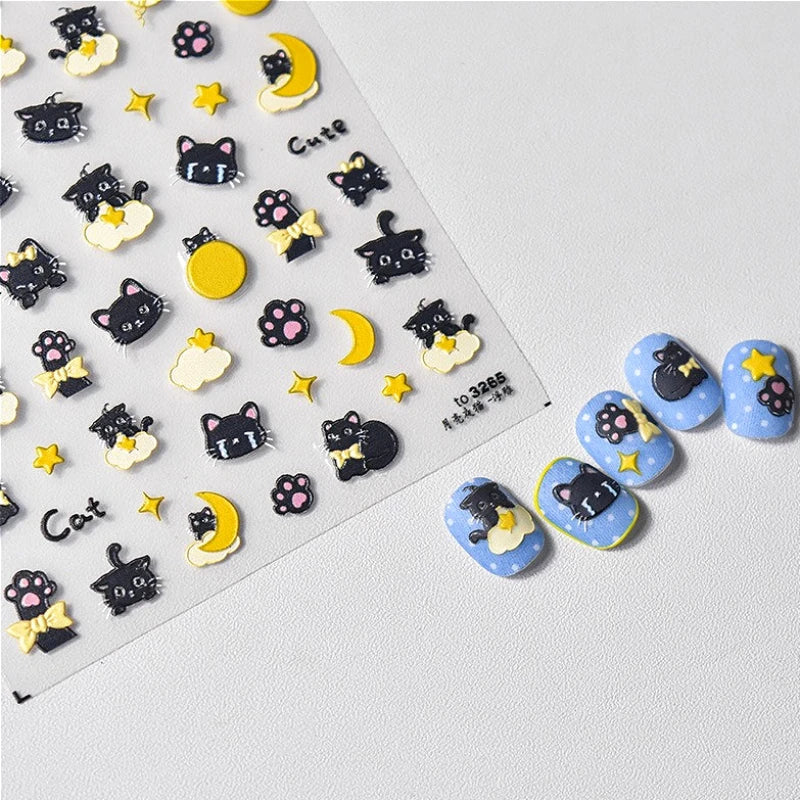Cartoon Black Kitten Cute Cat Star Moon Bowknot Cat's Paw Flaky Cloud Self Adhesive Nail Art Decoration Stickers Manicure Decals (ONLINE ORDER ONLY)