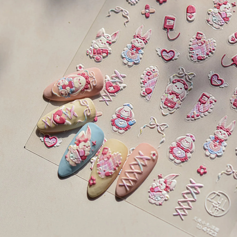 Bunny Love Heart Rabbit Nurse Cut Wound Bowknot Pill Flower Medicine Treatment Self Adhesive Nail Art Stickers Manicure Decals (ONLINE ORDER ONLY)