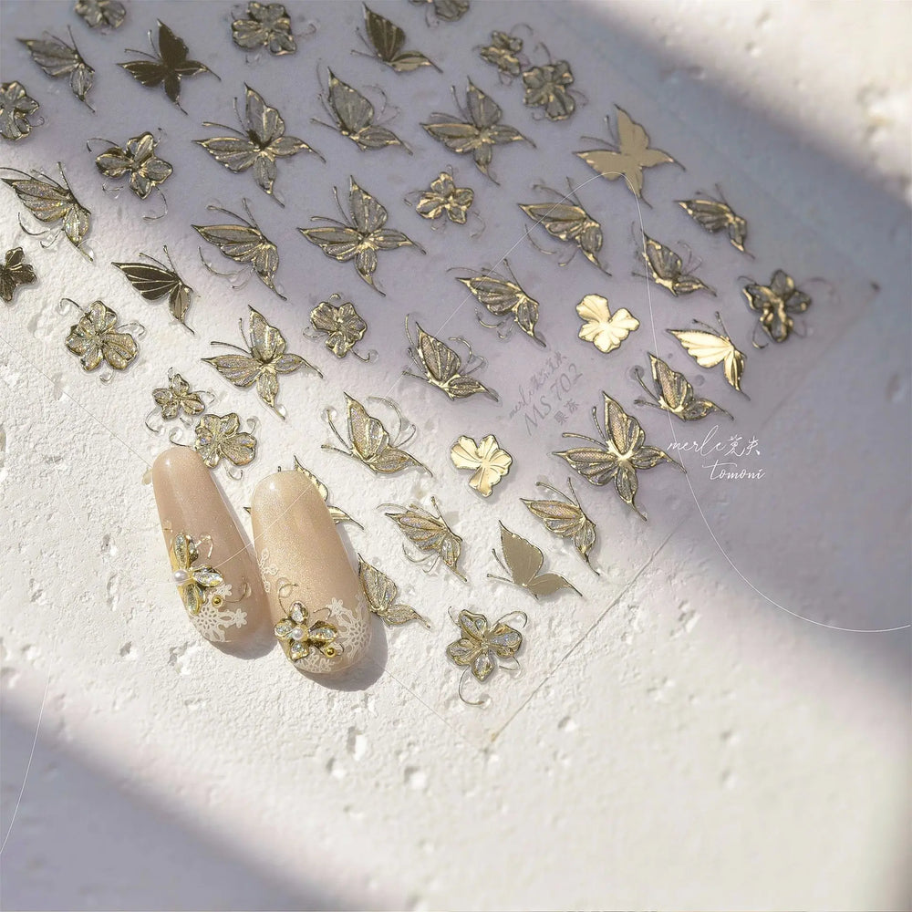 Charming Golden Gradient Shiny Rhinestone Jelly Butterfly Flower Petal Bowknot 3D Self Adhesive Nail Art Sticker Manicure Decals (ONLINE ORDER ONLY)