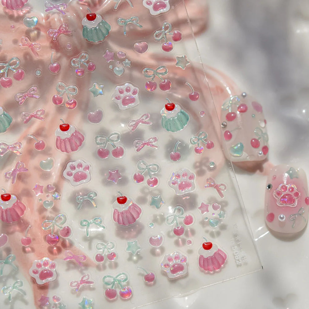 Lovely Green Pink Cherry Pudding Claw Paw Love Heart Bowknot Soft Embossed Reliefs Adhesive Nail Art Stickers Manicure Decals (ONLINE ORDER ONLY)