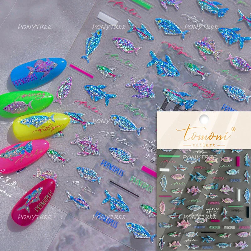 Colorful Shoal of Fish Whale Ocean Shell Conch Starfish Summer Sea Jellyfish Bubble Nail Art Decoration Sticker Manicure Decals (ONLINE ORDER ONLY)