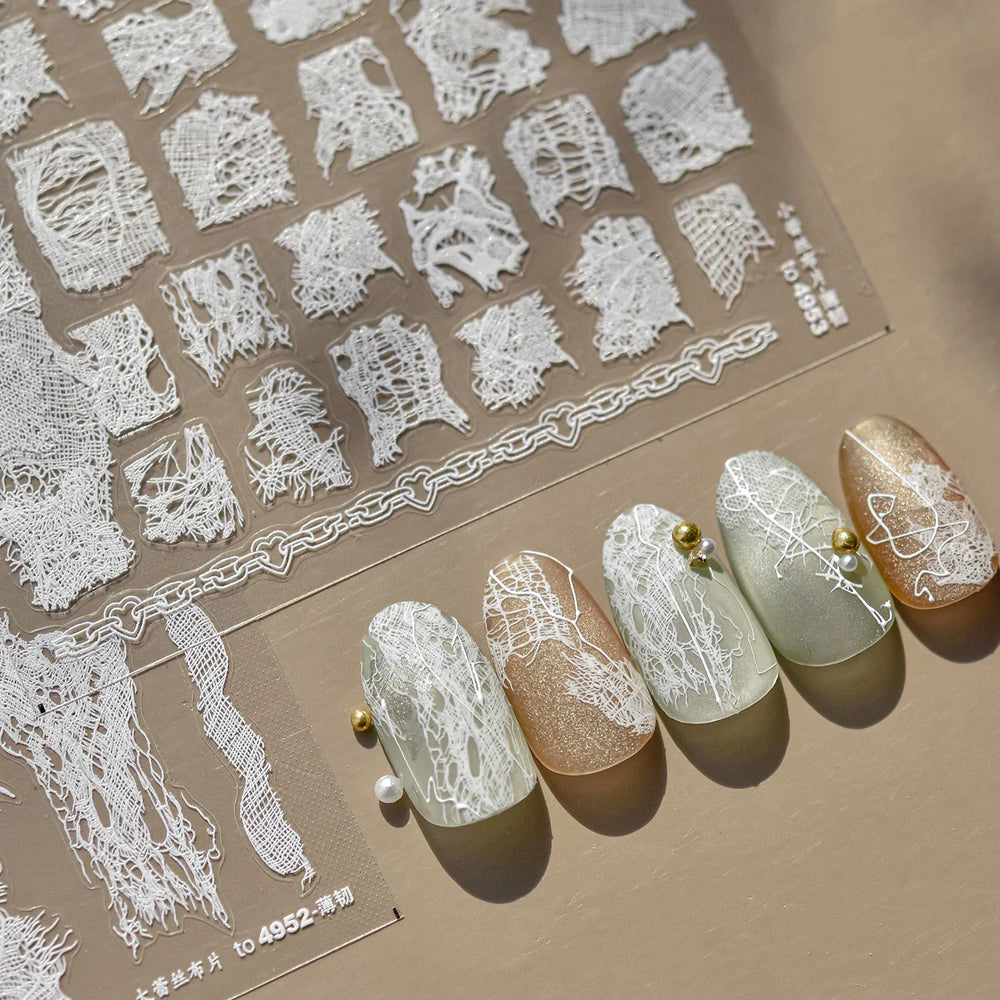 Retro White Lace Fabric Piece Bowknot English Letter Decorative Border Irregular Cloth Block Adhesive Nail Art Stickers Decals (ONLINE ORDER ONLY)