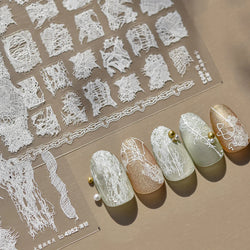 Retro White Lace Fabric Piece Bowknot English Letter Decorative Border Irregular Cloth Block Adhesive Nail Art Stickers Decals (ONLINE ORDER ONLY)