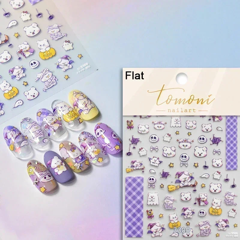 Cat Eye Halloween Terror Spider Cross Rose Love Heart Flower Snake Web Candy Bunny Thrilling Nail Art Stickers Manicure Decals (Online Order Only)
