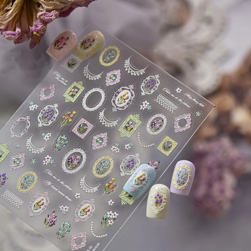 Retro European Flower Frame Gypsophila Bouquet Garden Charming Tulip Lavender Daisy Delicate Nail Art Stickers Manicure Decals (ONLINE ORDER ONLY)