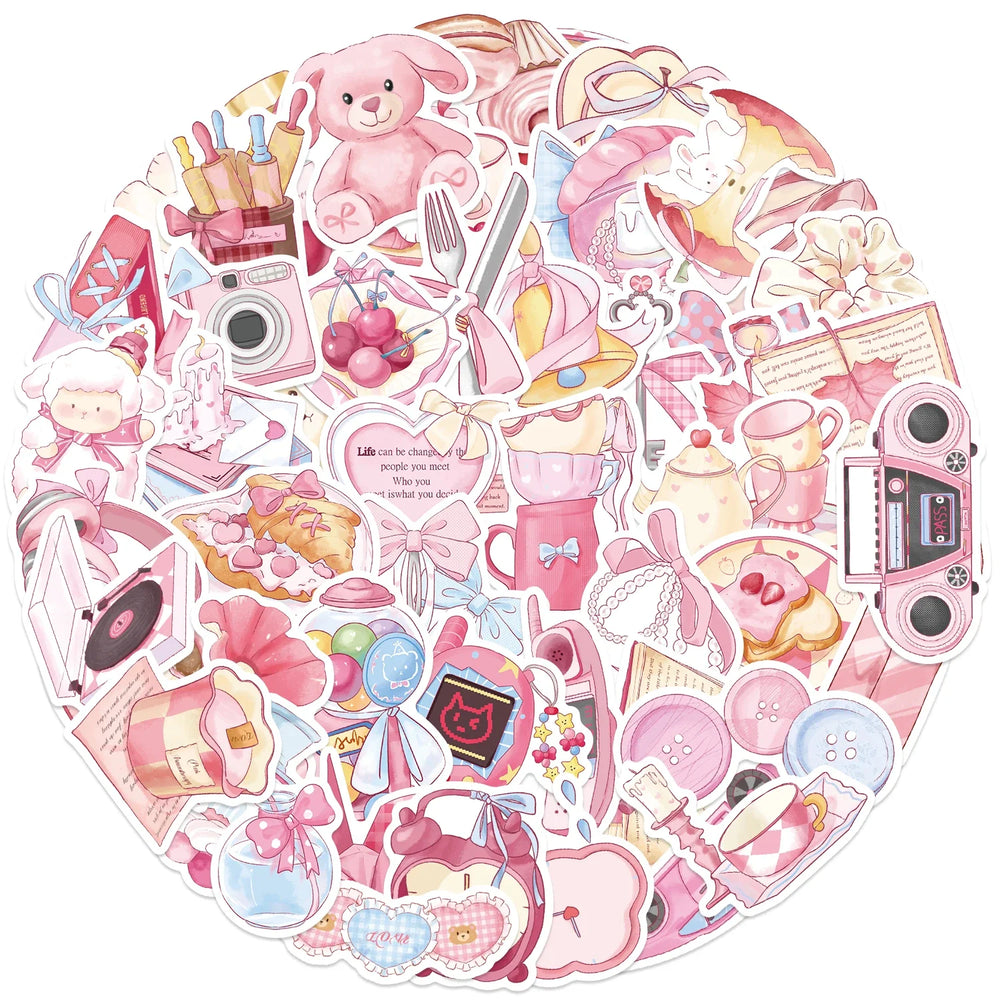 50Pcs Kawaii Cartoon Pink Stickers Cute Aesthetics DIY Toy Gift Graffiti Waterproof Decal for Phone Luggage Laptop Scrapbook (ONLINE ORDER ONLY)