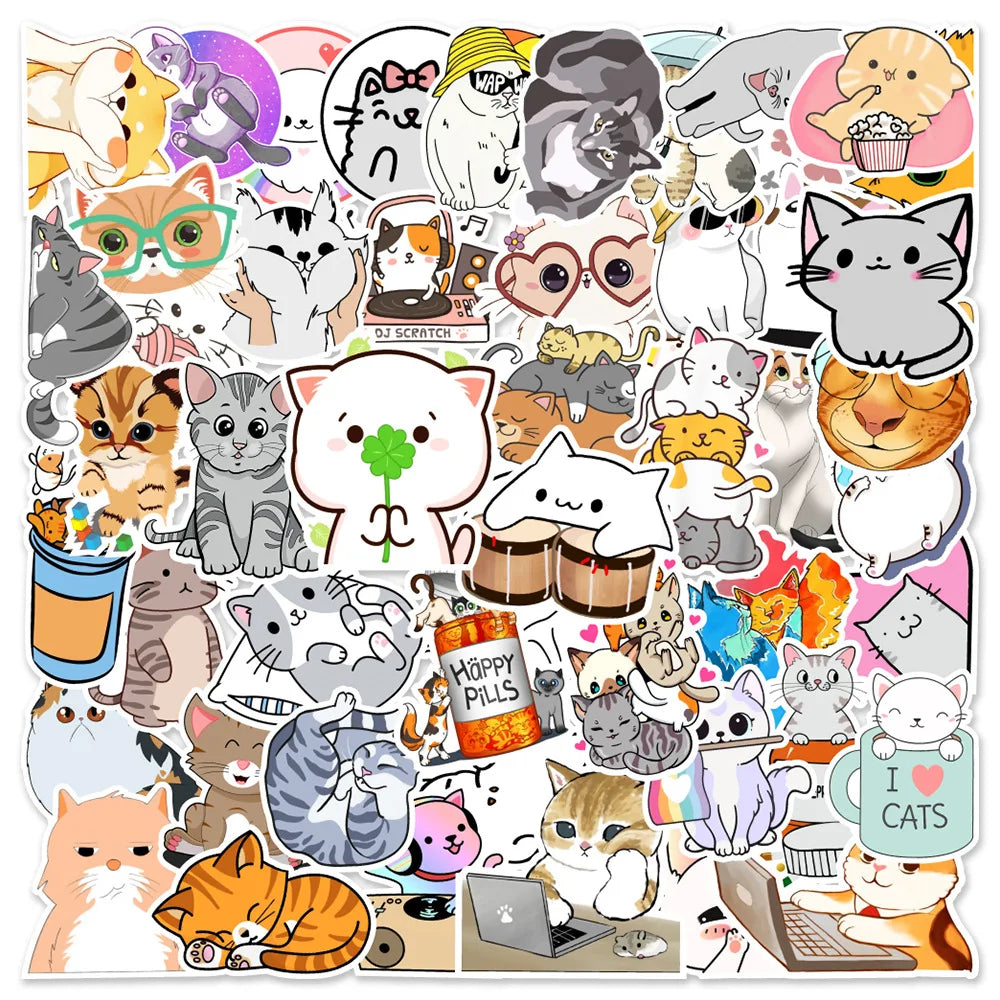 50pcs Cute Cat Cartoon Stickers for Helmet, Desktop, Wall Decoration, DIY (ONLINE ORDER ONLY)