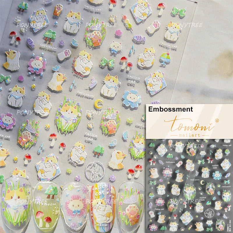 Picnic Cat Kitten Bowknot Flower Fish Butterfly Tree Mushroom Star Moon Cat's Paw Adhesive Nail Art Sticker Cute Manicure Decals (Online Order Only)