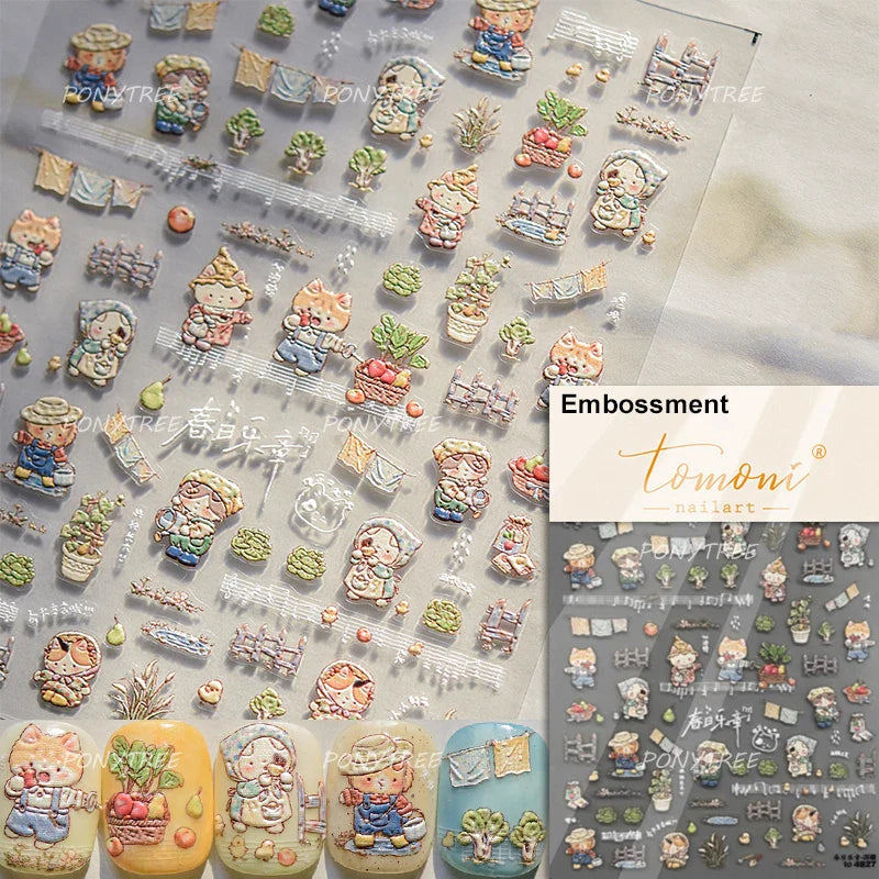 Picnic Cat Kitten Bowknot Flower Fish Butterfly Tree Mushroom Star Moon Cat's Paw Adhesive Nail Art Sticker Cute Manicure Decals (Online Order Only)
