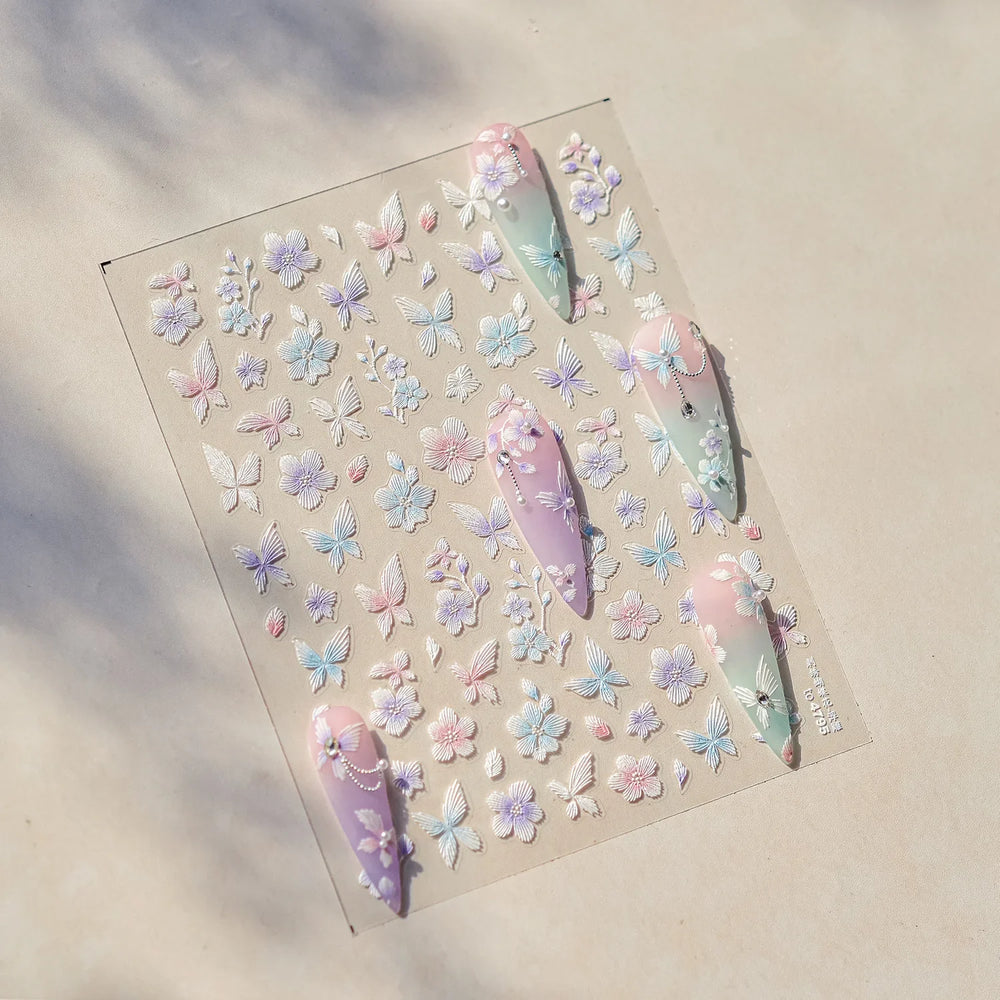 Embroidered Butterfly Flower Colourful Gradient Morning Glory Leaves Self Adhesive Nail Art Stickers Rhinestone Manicure Decals (ONLINE ORDER ONLY)