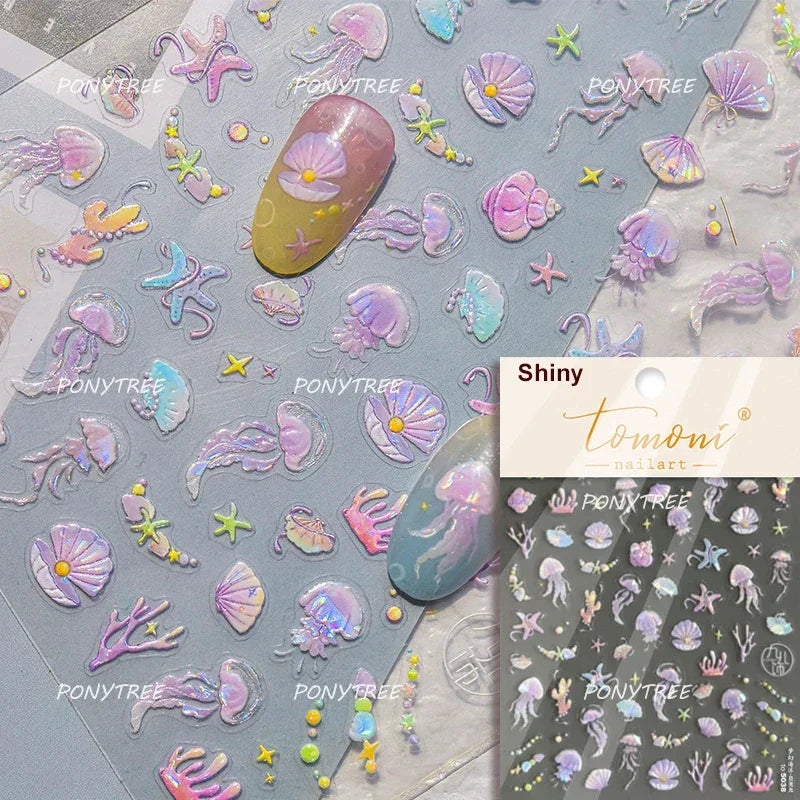 Shiny Colourful Marine Shell Starfish Ocean Elements Star Water Bubbles Star Conch Underwater Nail Art Stickers Manicure Decals (ONLINE ORDER ONLY)