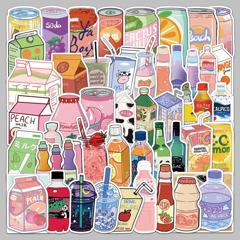 50pcs Cartoon Drink Stickers for Helmet, Wall, DIY Decoration (Online Order Only)