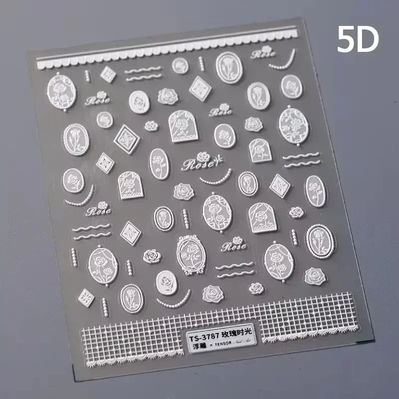 Retro Rose Gold Silver Totem Picture Photo Frame Flower 5D Self Adhesive Nail Art Stickers 5D Shiny Rhinestone Manicure Decals (ONLINE ORDER ONLY)